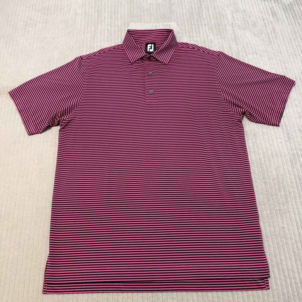 FootJoy Polo Shirt Mens Size L Pink Black Striped Performance Golf Stretch FJ